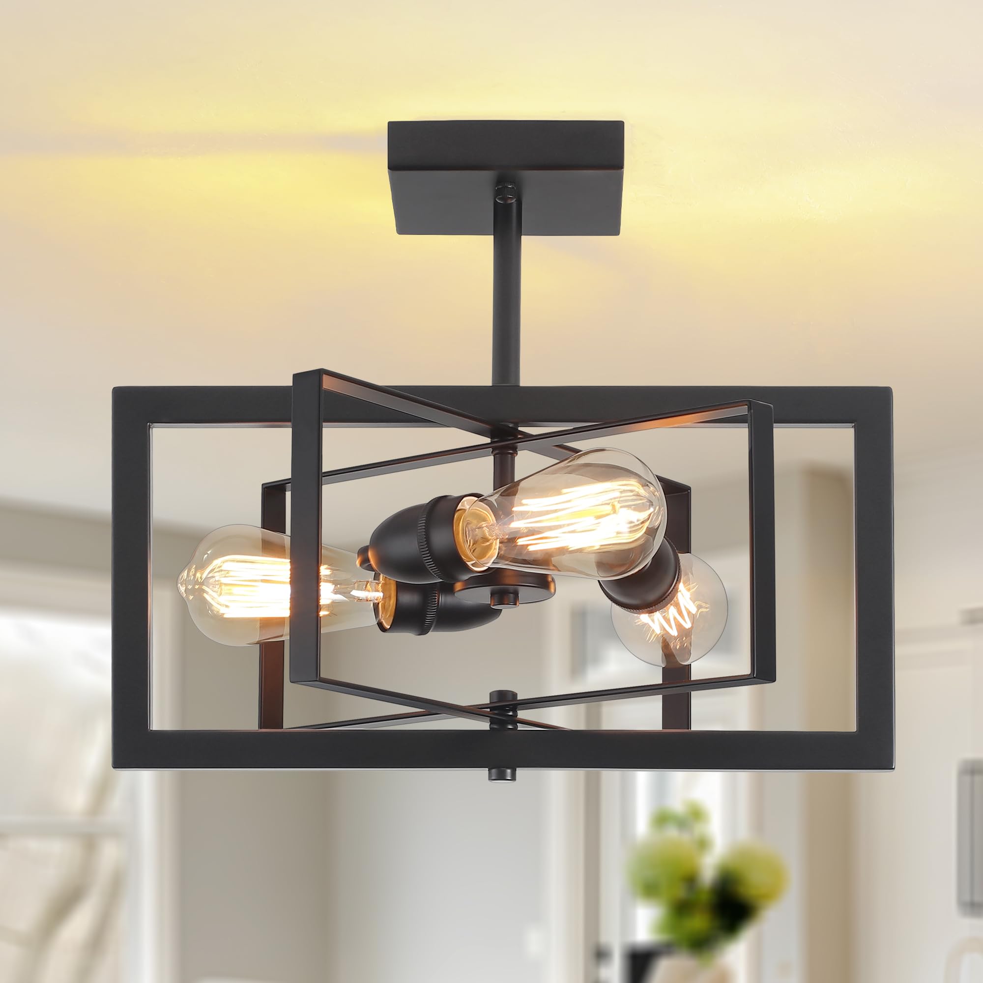3-Light Black Ceiling Light Fixture for Dining Room Foyer Modern Farmhouse Lighting Fixtures Semi Flush Mount Rectangle Metal Ceiling Light for Bedroom Kitchen Island Entryway 15.74''