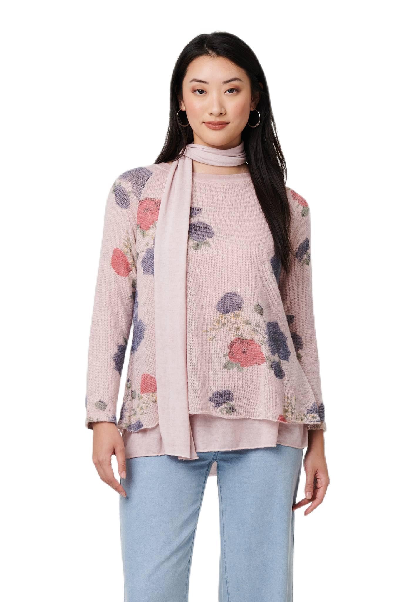 Izabel London Women's Pink Floral Layered Tunic Top For Uk With Scarf, A Round Neck And Long Sleeves.
