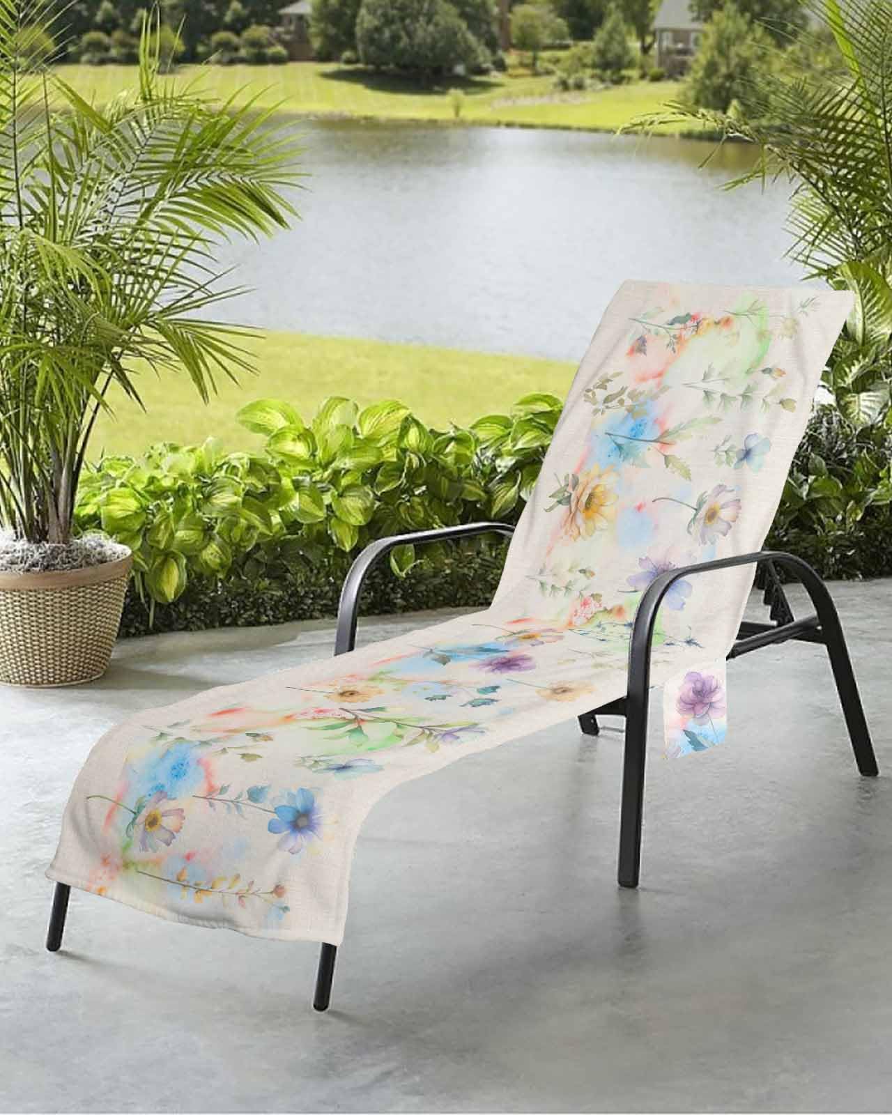 Wildflower Beach Chair Towel Covers for Chaise Lounge with Side Pocket, Soft Plush Pool Towels Cover for Patio Sunbathing Outdoor 29''x85'' Retro Multicolor Botanical Floral Garden Herb