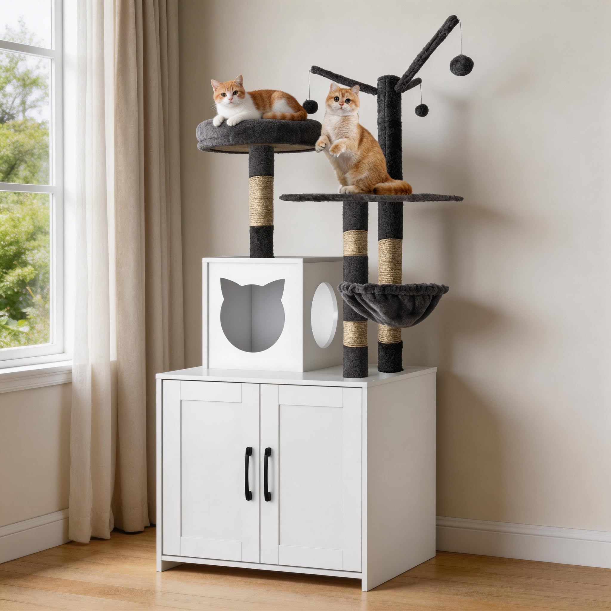 Cat Tree with Litter Box Enclosure, Cat Tower with Sisal Scratching Post and Balls, Dangling Ball, Cat Tree for Indoor Cats with 2 Doors Cabinet (White)