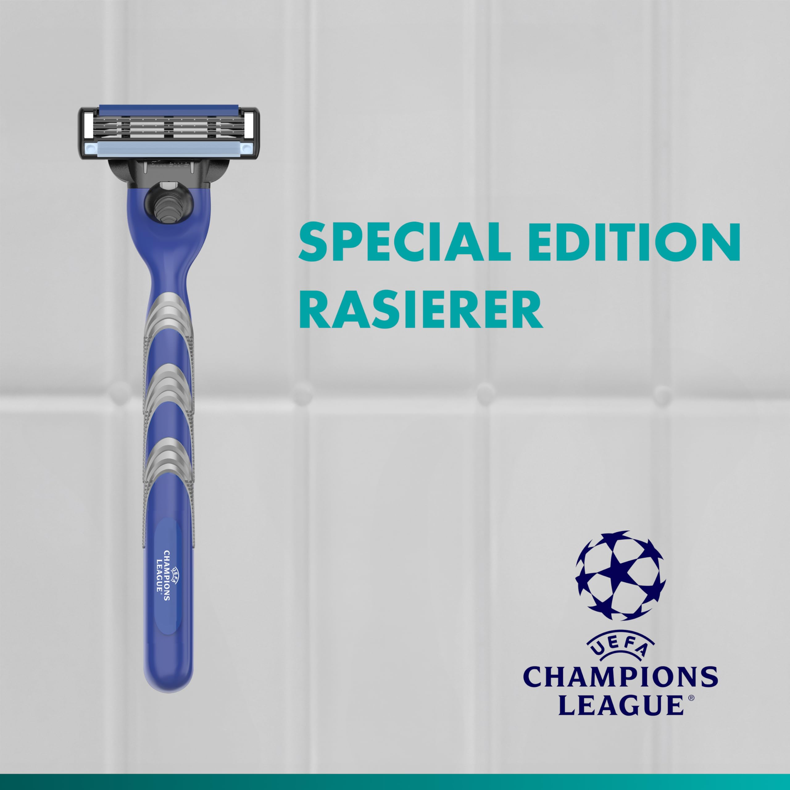 Gillette Mach3 Standard Rasierer Herren, UEFA Champions League Special Edition — Inkl 1 Nassrasierer, Reiseschutzkappe, 12 Ersatzklingen mit Gleitstreifen und Klingenbeschichtung — Blau/Grau