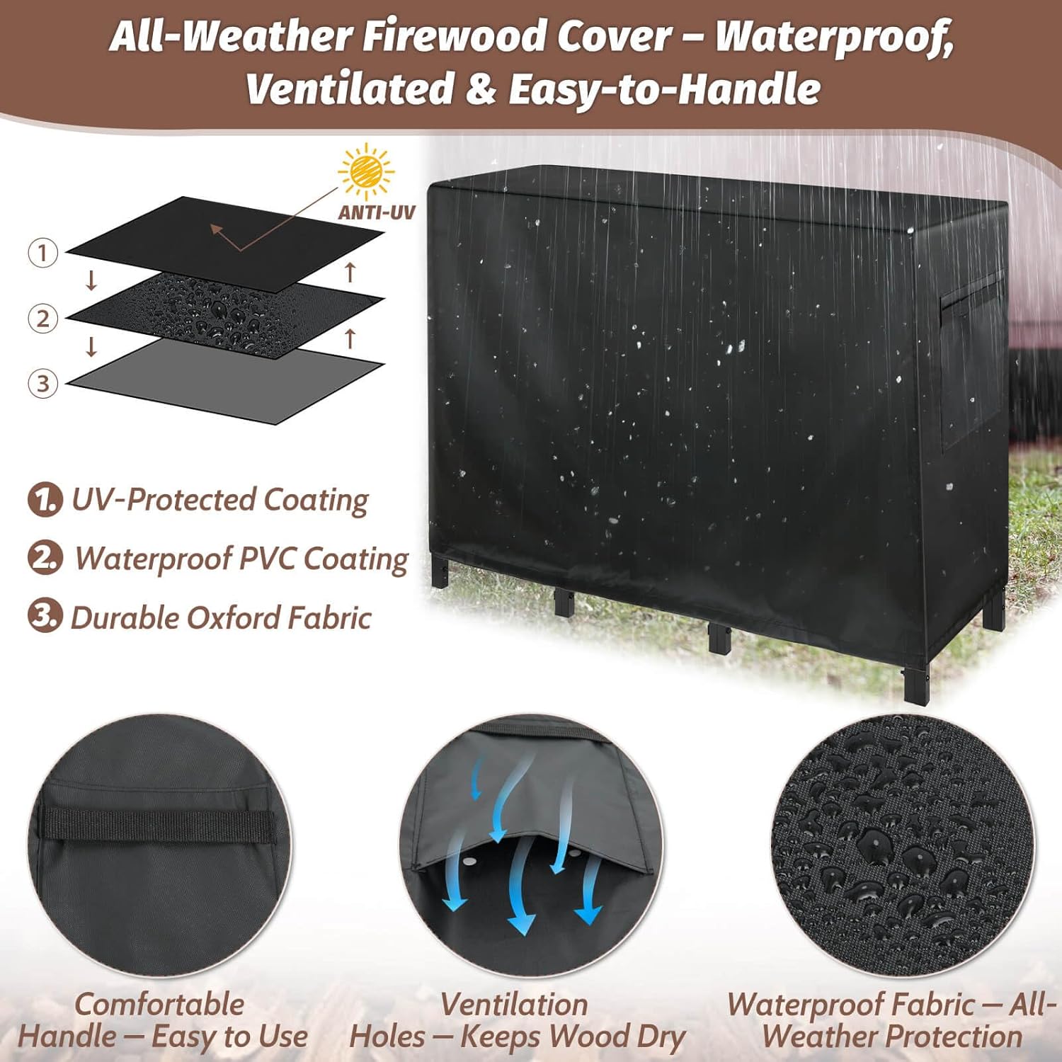 Firewood Rack Outdoor with Cover, 4FT Fire Wood Racks Outdoor with Log Carrier Kindling Hooks, Metal Firewood Holder Log Holders, Wood Storage Holders for Fireplace Deck Indoor