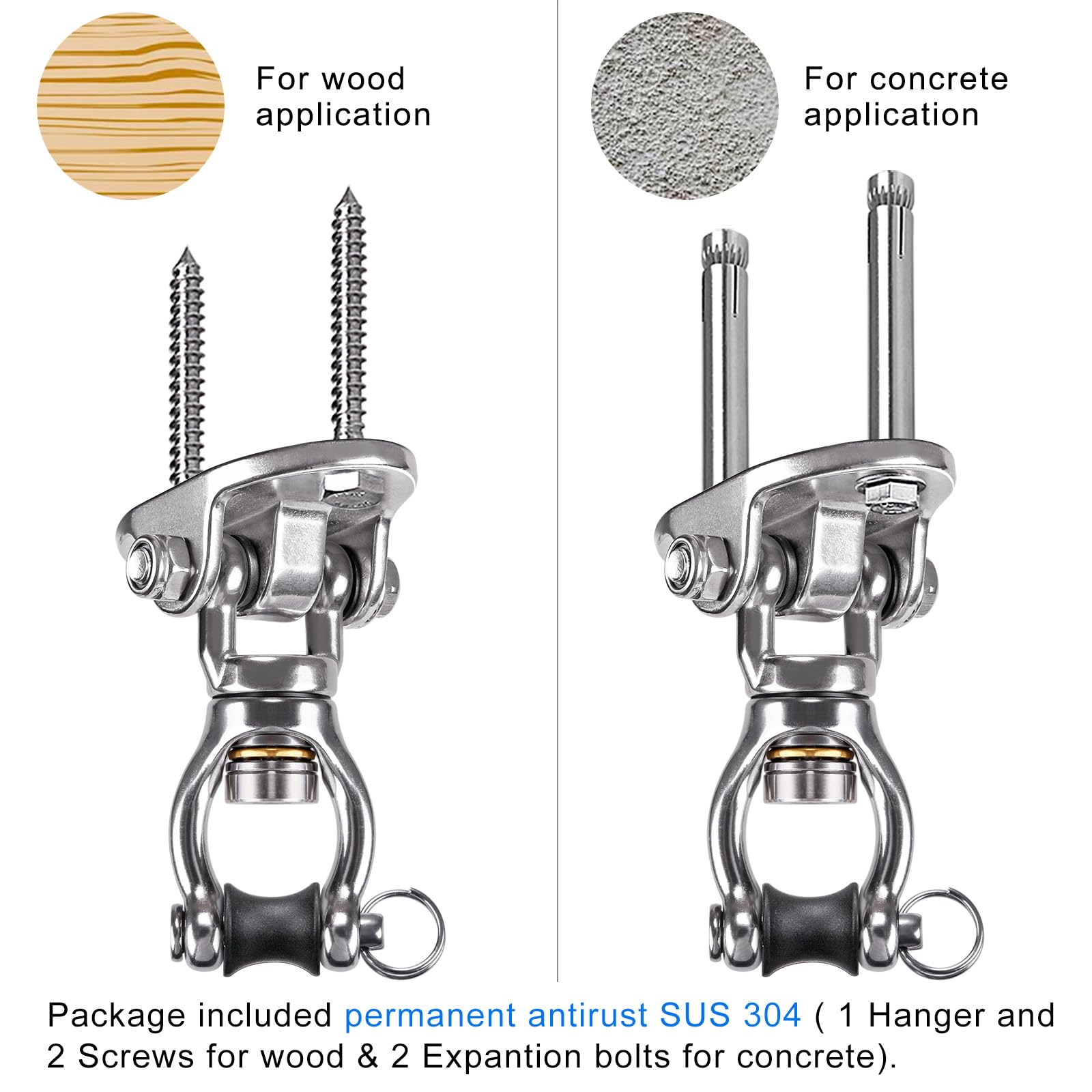 SELEWARE Colgador de columpio resistente con rodamiento giratorio, capacidad de 1200 libras, gancho de columpio de acero inoxidable, montaje en techo para interiores y exteriores, accesorios de