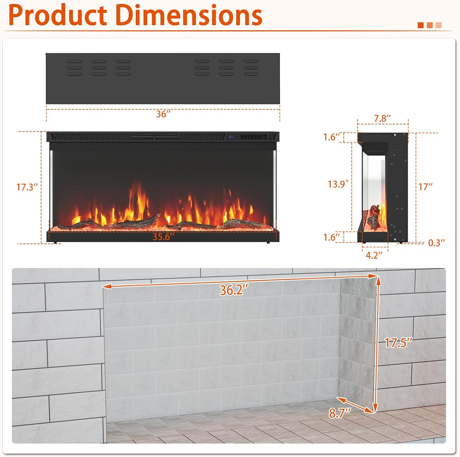 SIMOE 36” 3 Sided Electric Fireplace, 12 Color Flame Effect - 1500/750 Watt Recessed Fire Places Heater - Remote Control - Log & Crystals, 5 Brightness, 8H Timer & Overheat Protection
