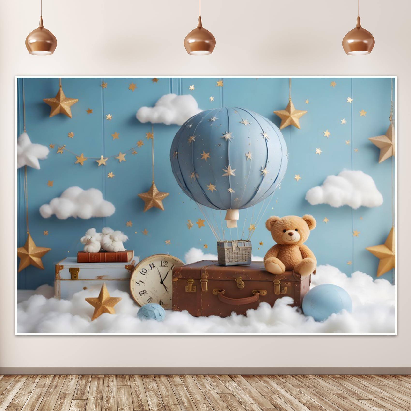 TYLCLTX Hot Air Balloon Cloud Bear Travel Baby Birthday Backdrop Newborn Baby Blue Birthday Background Party Decoration for Boys Girls 8x6ft