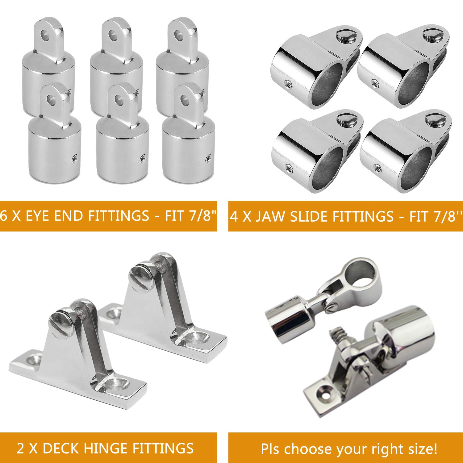 7/8" Bimini Top Hardware Set - 316 Stainless Steel Jaw Slides, Eye Ends & Deck Hinges For Boat Canopy