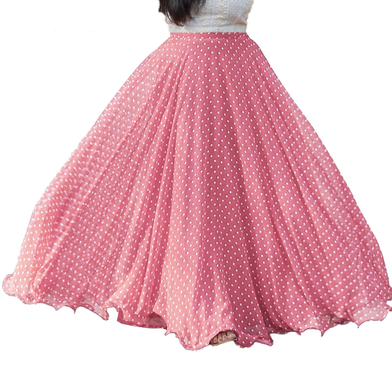 3buddy fashion Women's Long Flared Skirt - Polka Dot Printed Western Summer Wear | Lightweight Fabric | Casual & Festive Maxi Skirt Pink-picture-50