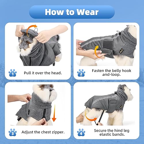Miniatura 5 de SlowTon Abrigo de invierno para perro, cálida chaqueta para perros con forro polar para exteriores con bufanda de cuello alto, rayas reflectantes,