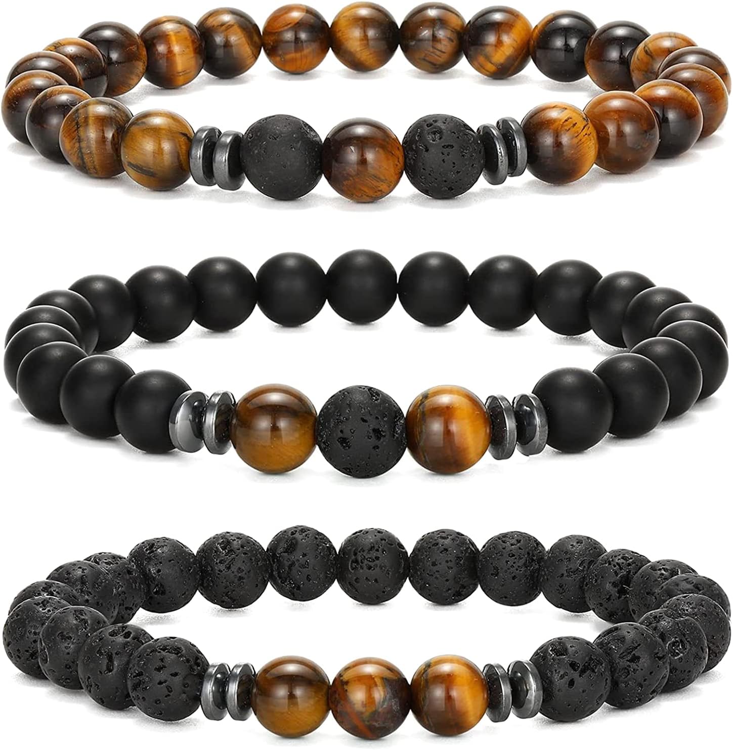 Karjiaja3 PCS Tigers Eye Bracelet Crystal Beads Agate Gemstones Natural Stone Chakra for Women Healing Positivity Anxiety Relief Yoga Reiki Elastic