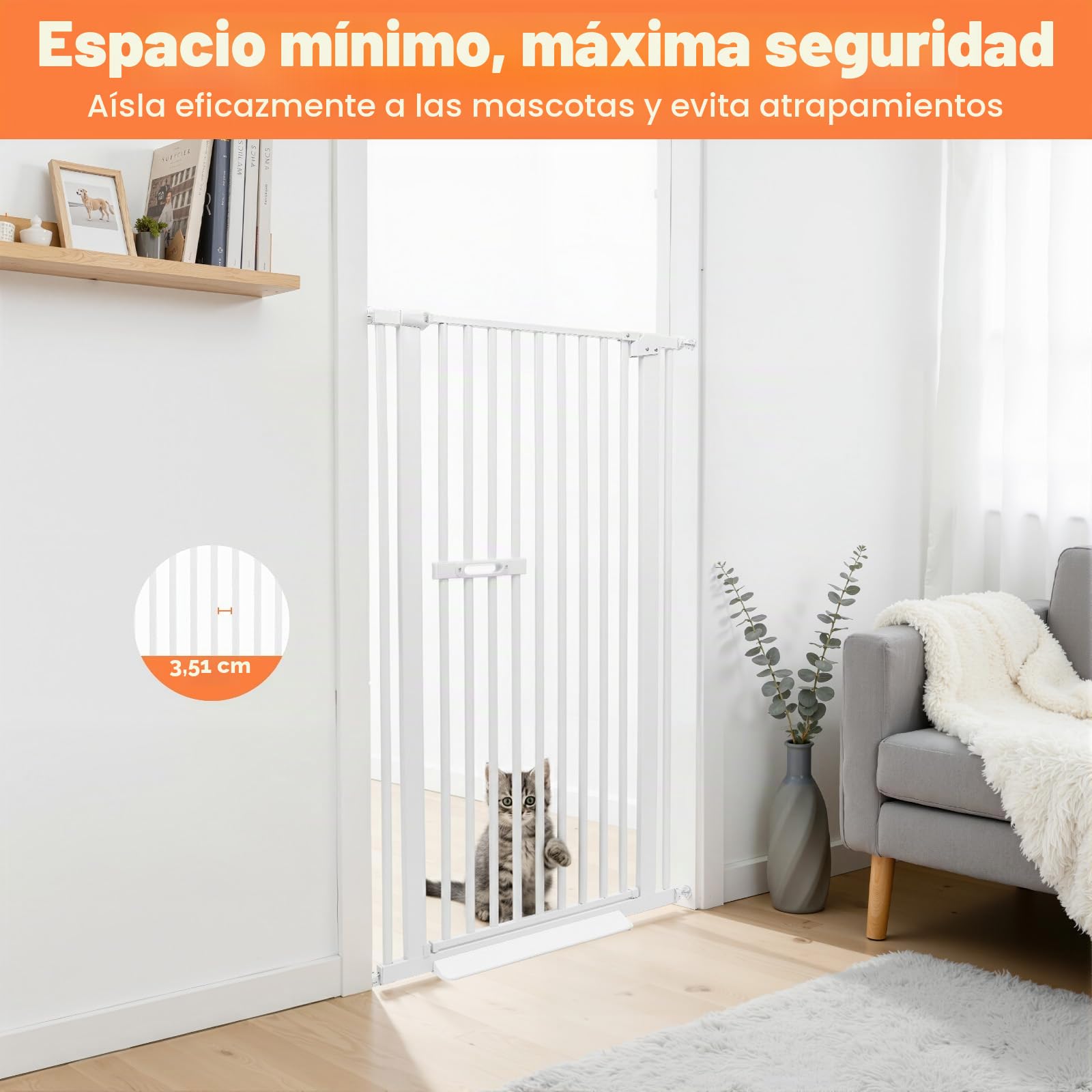 Rejilla para mascotas extra alta 150 cm con doble cierre, puerta para gatos y distancia entre barras de acero al carbono de 3,5 cm, sin taladrar, ancho ajustable para escaleras/puertas, cierre