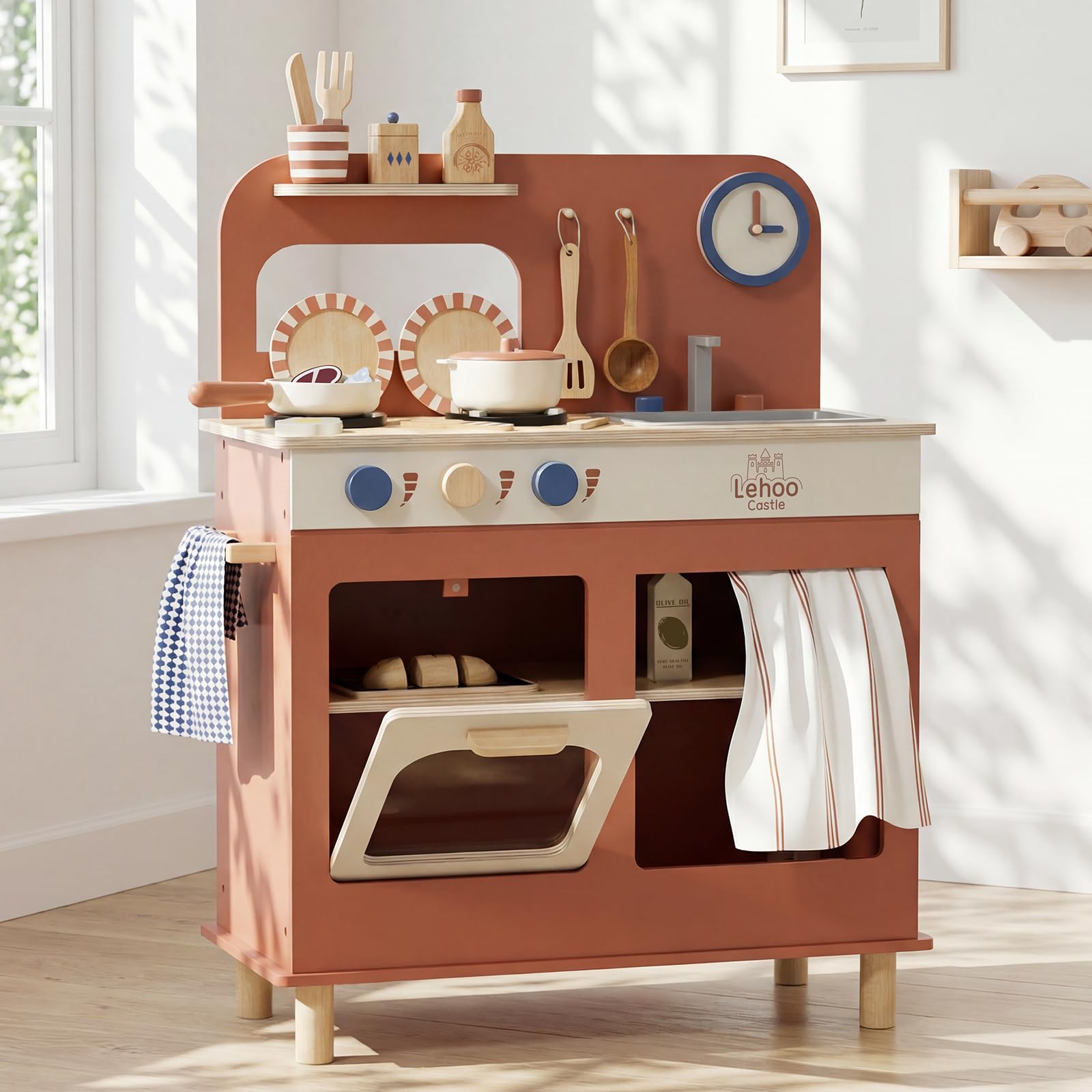 Lehoo Castle Kids Play Kitchen for Toddlers 1-3, Wooden Kitchen Playset Small, Pretend Play Kitchen Toys with Play Food Pots and Pans Accessories