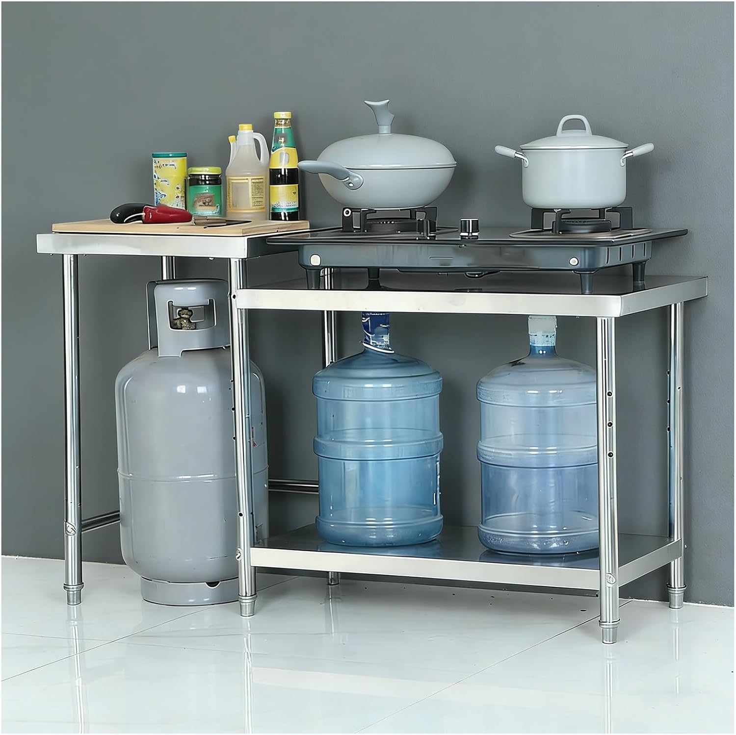 Double-Layer Stainless Steel Workbench Triangular Structure with Reinforced Crossbeams Commercial-Grade Work Table Adjustables Shelves Brushed Finish Adjustable Feet Four-fold Edge Design