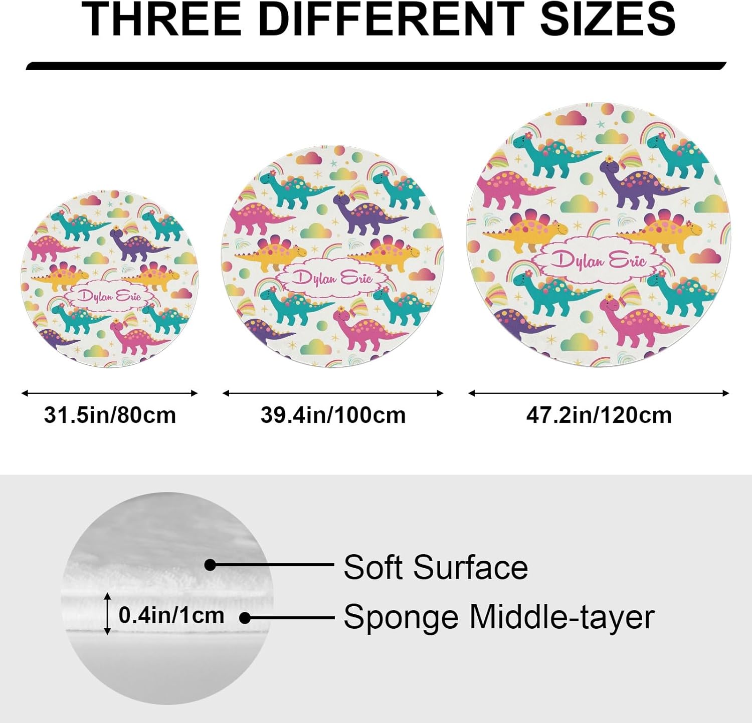 Personalized Dinosaur Custom Round Area Rug Baby Crawling Floor Mats Gifts for Boys Girls Babies with Names Nursery Bedroom Living Room Decor 31.5x31.5Inch