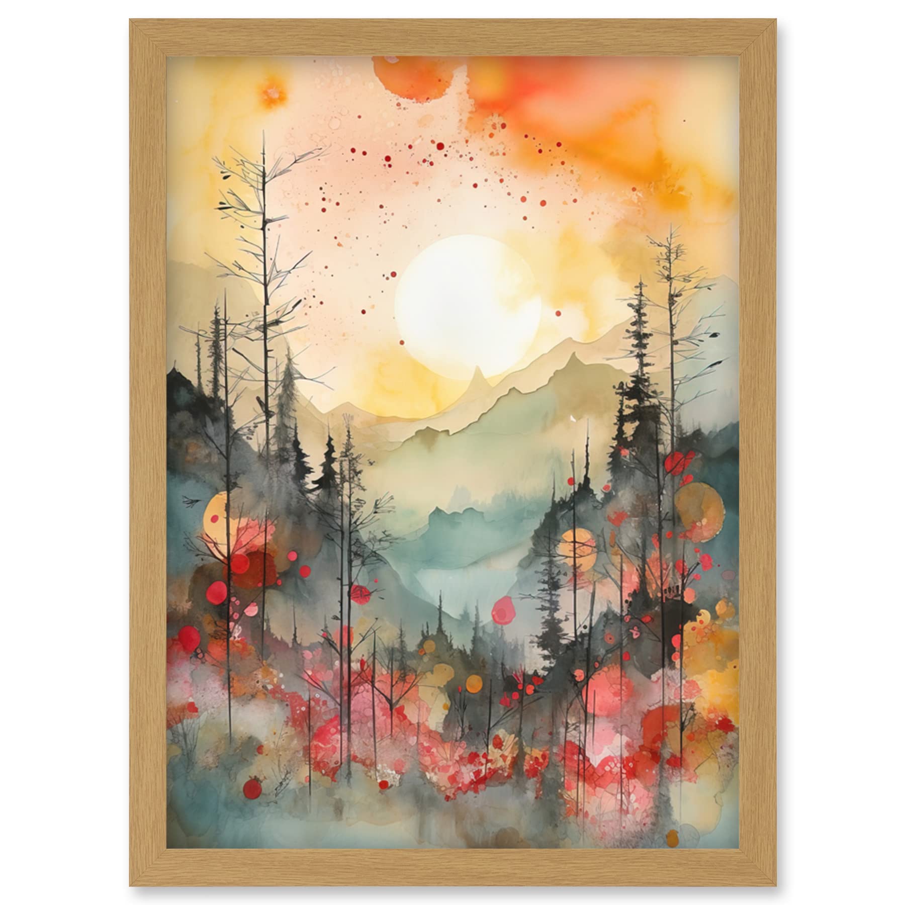 Artery8 Sunrise Over Misty Mountain Forest Landscape Modern Watercolour Painting Artwork Framed Wall Art Print A4