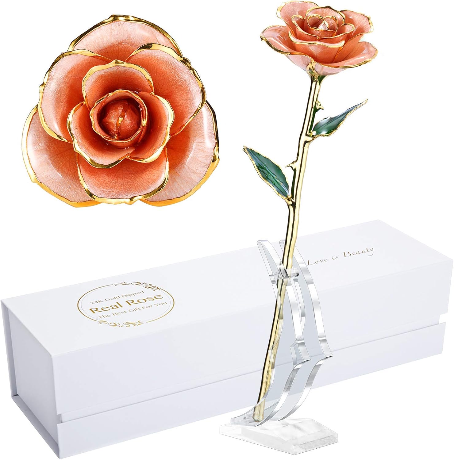 24K Gold Rose, Gold Dipped Rose Made from Real Rose Best Gifts for her and Great Gifts for Wife, Pink with Stand