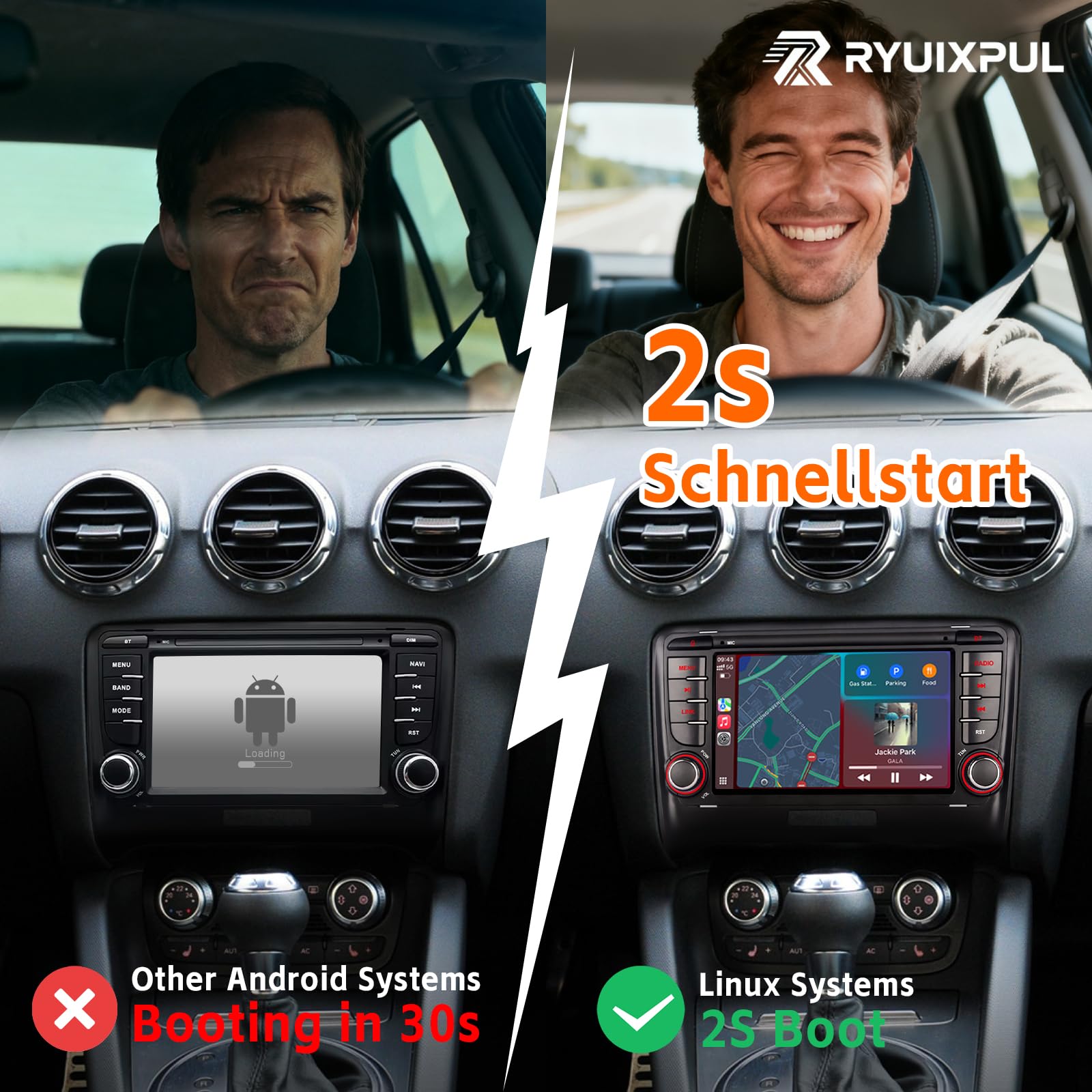 Autoradio RYUIXPUL per Audi TT MK2 8J 2006-2014 con Wireless CarPlay e Android Auto, sistema Linux 2S avvio rapido, qualità audio OEM, touchscreen IPS, Bluetooth, radio RDS, comandi al volante