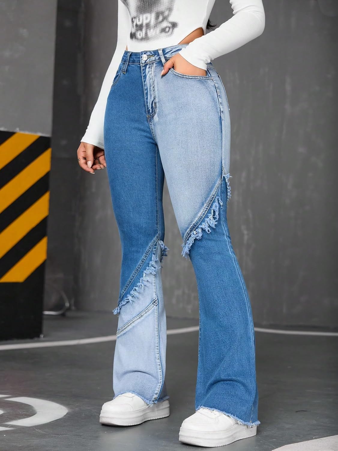 Two-Tone Trumpet Jeans, Mid-Rise Ripped Denim, Light and Dark Blue Color Blocking, Frayed Twill Design