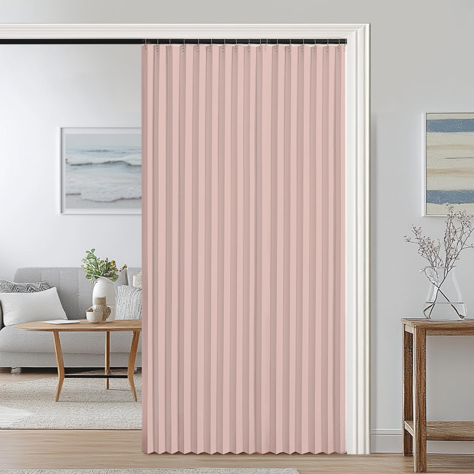 Blackout door curtain, folding invisible magnetic door curtain for bedroom, bathroom, living room and room partition-Pink- W140cmxH180cm — image 1