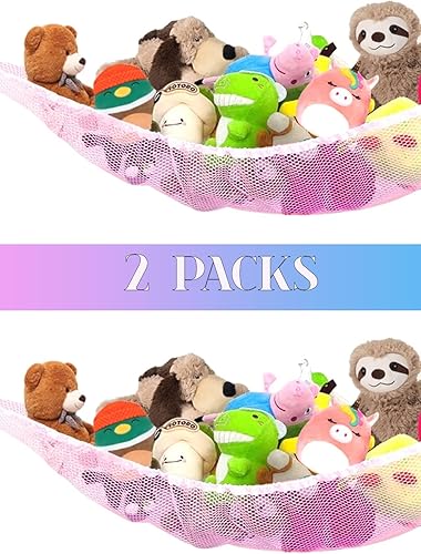 Miniatura 3 de PLS - Red organizadora de malla rosa para colgar en la pared para almacenamiento y organización de juguetes de peluche para niñas, habitación del