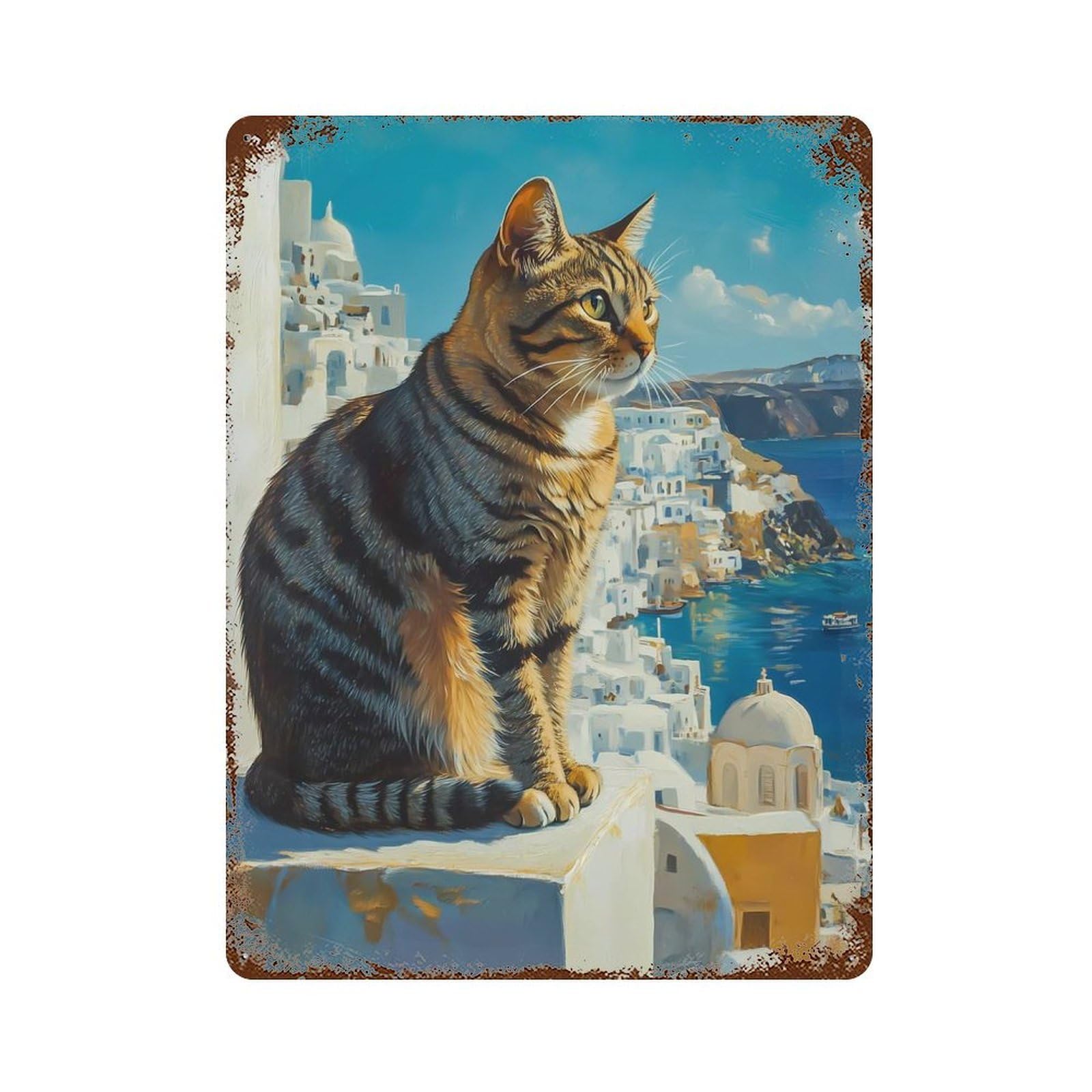 Decorative Tin Sign with Cat Overlooking Santorini Design 15.7"x11.8", for Basement, Hobby Room And Garage Decor, Rustic Home Decor