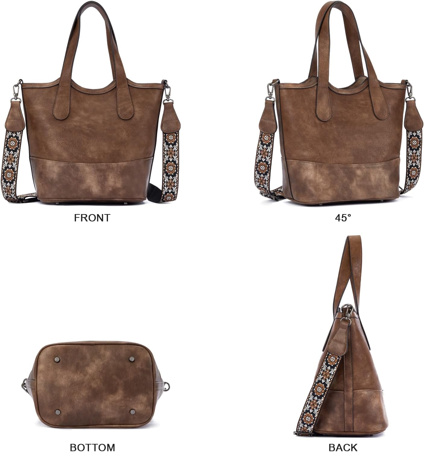 Tote Bag for Women,Vegan Leather Bucket Purses for Women Top Handle Handbags Crossbody Bag with 2 Water Bottle Pocket
