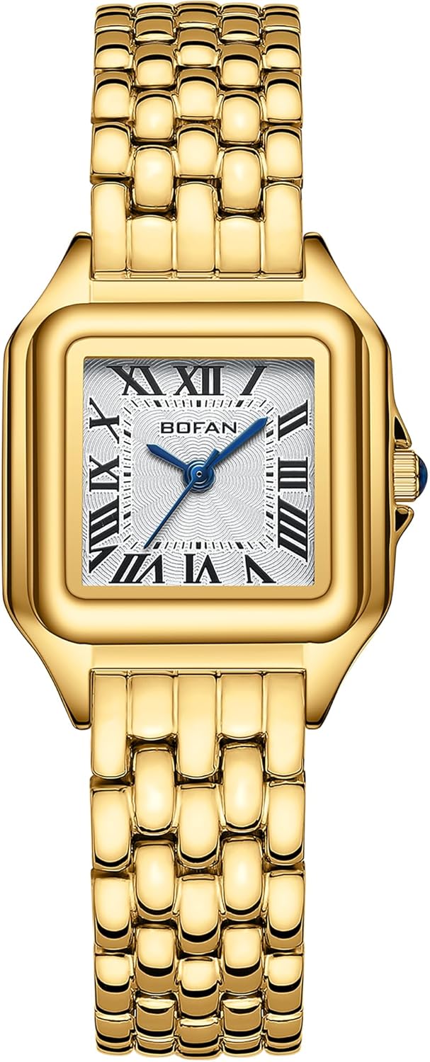 BOFAN Small Gold Watches for Women Easy Reader Ladies Quartz Wrist Watch with Stainless Steel Band,Roman Dial,Water Resistant,Bracelet Adjuster Included