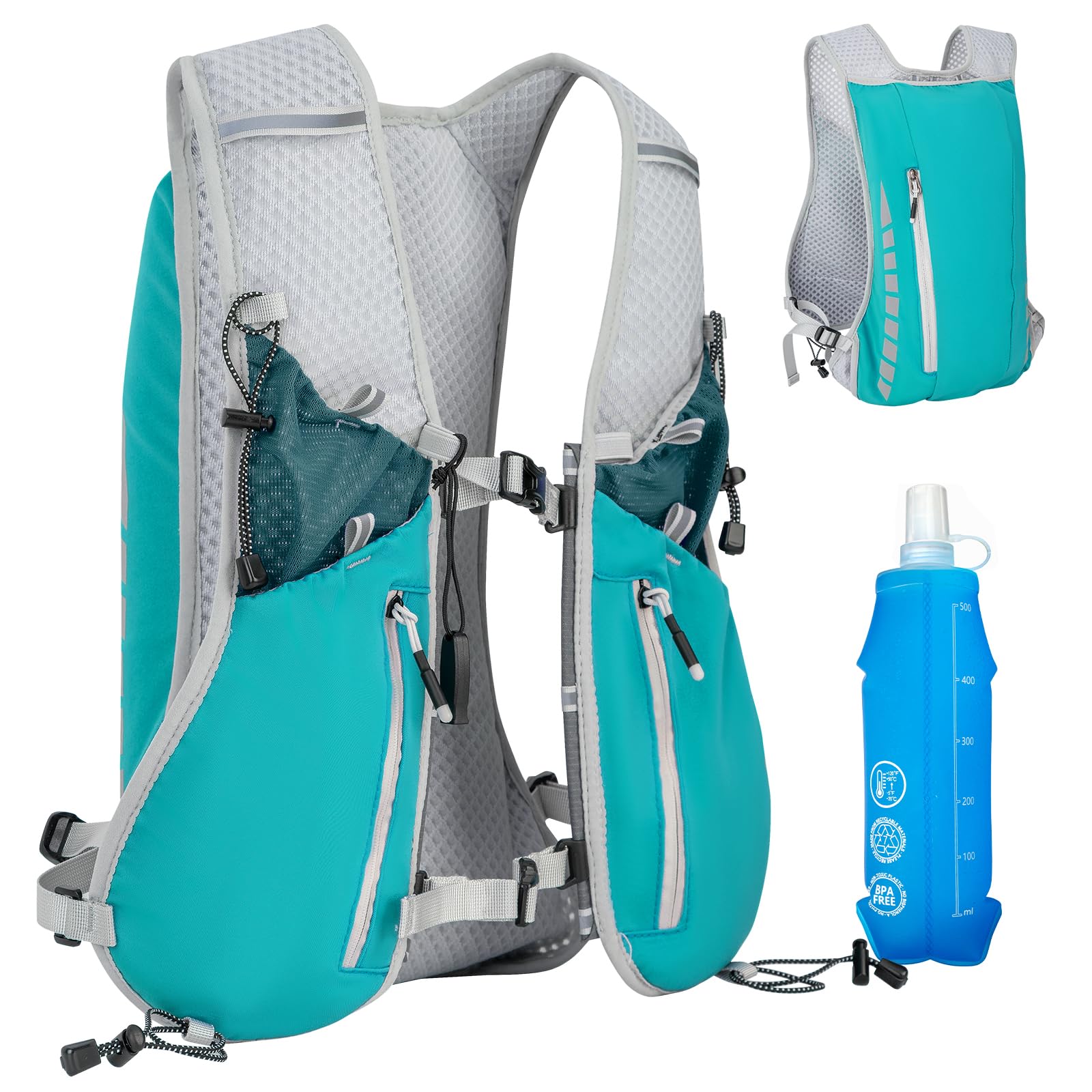 Expansea Zaino da Corsa 7L, Super Leggero Zaino Uomo & Donna, Tasche Multiple, Running Vest With Borraccia Morbida 500ml per Ciclismo, Maratona,Corsa, Arrampicata e Altri Sport All'Aria Aperta