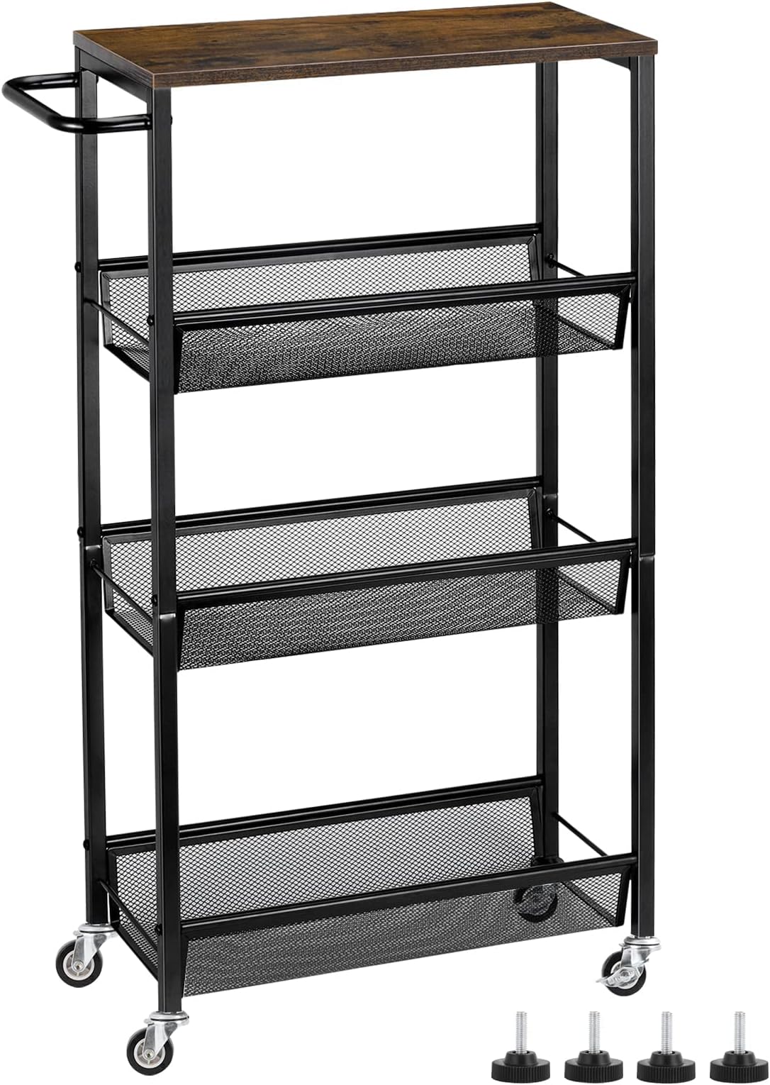 LIANTRAL Slim Storage Cart, Kitchen Storage Trolley, 4 Tier Rolling Kitchen Shelving Unit on Wheels Mobile Narrow Cart with Wooden Tabletop for Bathroom, Laundry Narrow Places, 42 x 18.5 x 80.5 cm