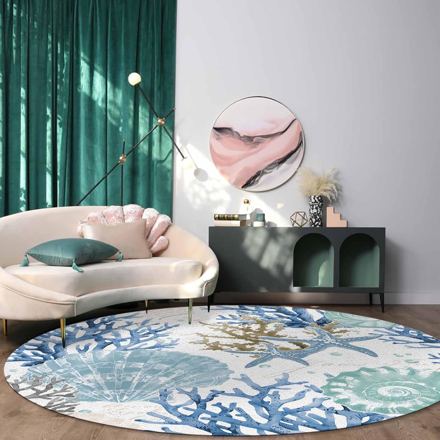 Round Area Rug 3 Ft - Watercolor Beach Starfish Shell Coral Non-Slip Soft Throw Rugs, Ocean Tide Themed Washable Circle Floor Carpet Mats for Living Room Bedroom Playing Room