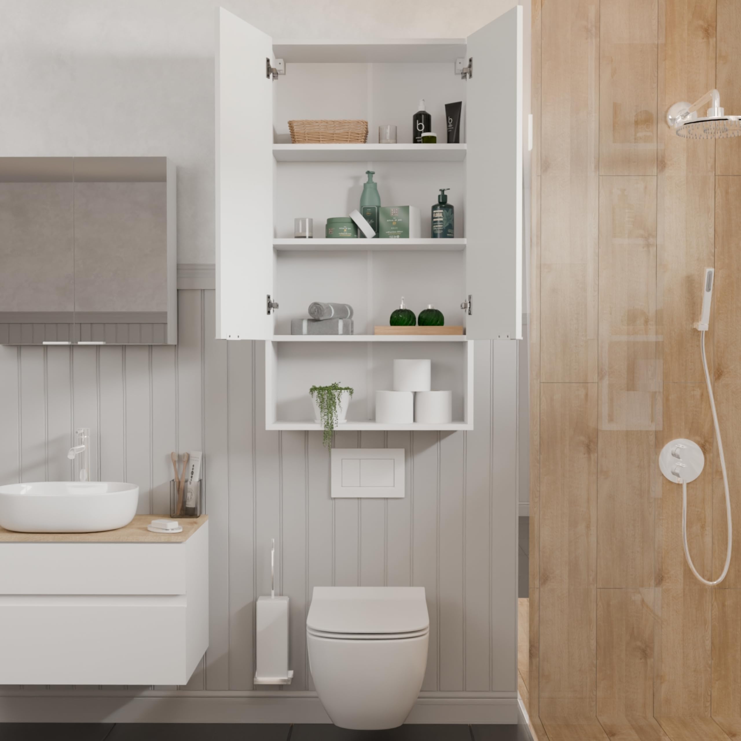 PLATAN ROOM Badschrank Hängeschrank für Badezimmer Oberschrank für Waschmaschine und Wäschetrockner für Küche und Badezimmer 120 x 65 x 25 cm weiß (Weiß Matt)