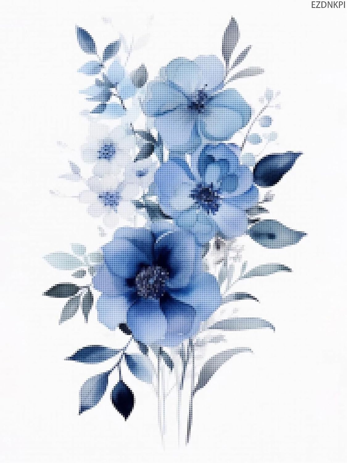EZDNKPI Floral Stitch Pattern, Cross Stitch Stamped, Blue Flowers Print Art, Blue Flowers, Flower Art, Mottled, Free Brushwork in The Style of Light Sky-Blue and Dark Blue, 11CT, 12x16inch