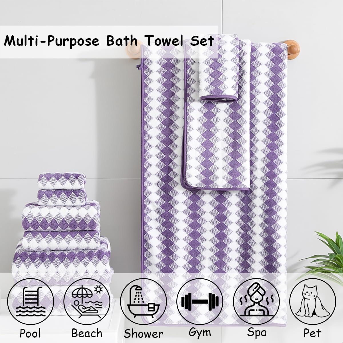 12 Pcs Purple White Diamond Towel Set-4 Bath Towels,4 Hand Towels,4 Washcloths Soft Polyester Bath Sheet with Loop Absorbent Shower Towel Quick Dry Beach Chair Towel Family Towels for Bathroom Spa Gym