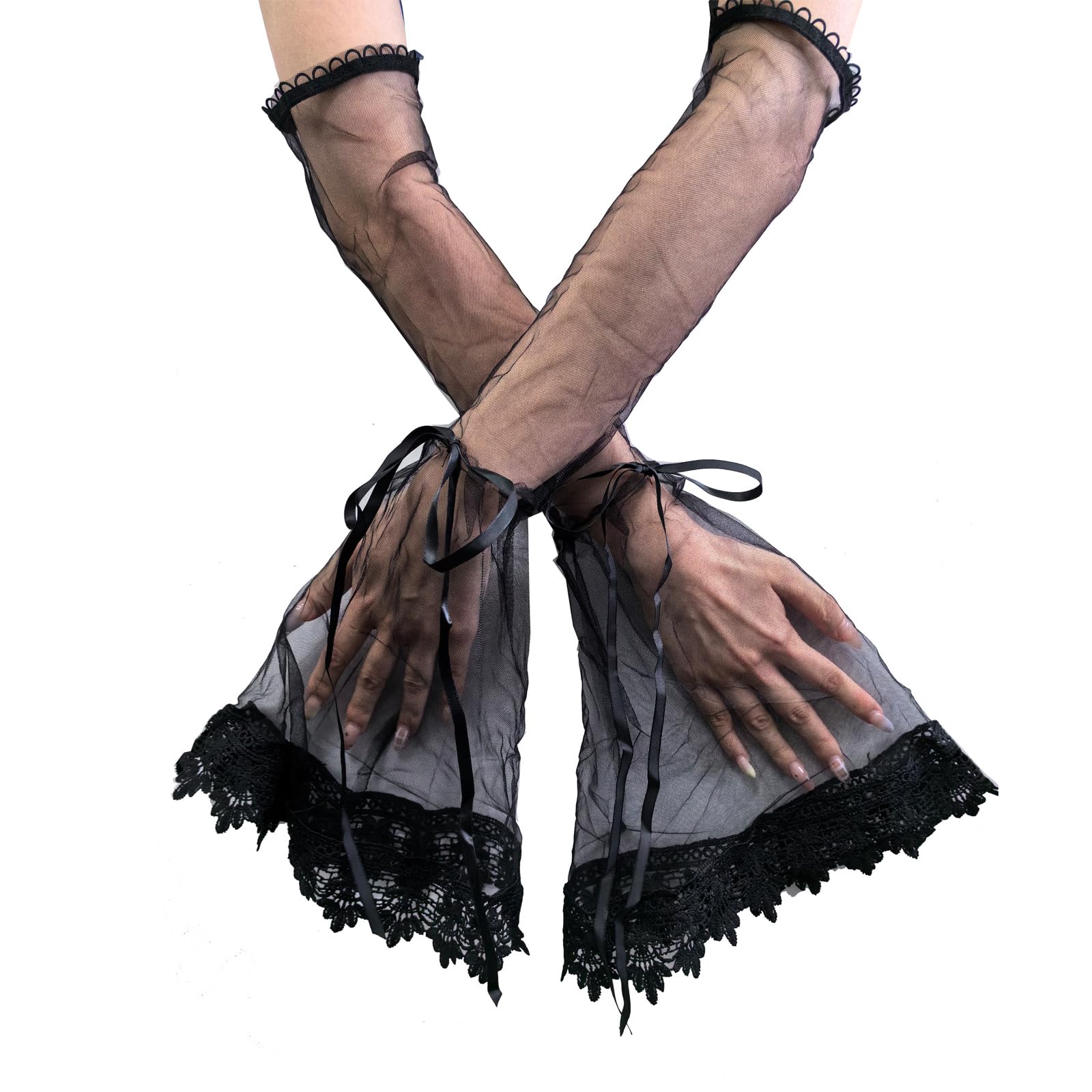 Golden Apple Halloween Black Lace Gloves for Women Gothic Vampire Long Arm Sleeves with Ribbon Bow, Witch Cosplay Costume - Image 3