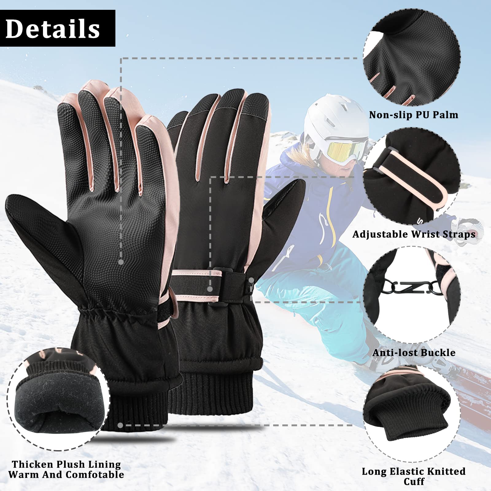 Andiker Guantes Impermeables Esquí Mujeres Pantalla Táctil Invierno Vellón Snowboard Prueba Viento Bicicleta