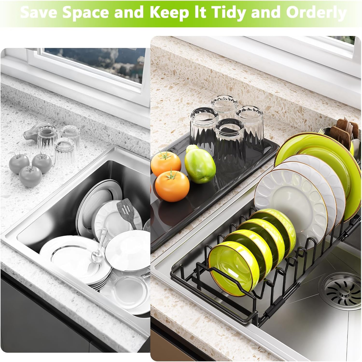 Sink Dish Drying Rack - Expandable Small Dish Rack Dish Drainer for Kitchen Counter with Cutlery Holder, Drying Rack Fit for 15’’-20’’ Kitchen Sink,Ideal for small apartments, RVs, and campers.