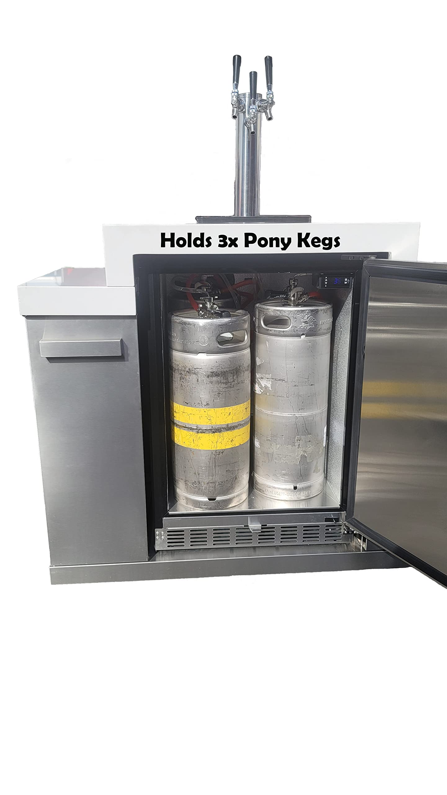 Mont Alpi Stainless Steel 48"W X 23"D X 55" H Premium Outdoor Kegerator 3-Tap Draft Keg Beer Dispenser Refrigerator Module With Digital Display And Drip Tray Plus White Granite Countertops And Storage on Fridge.com - View 5