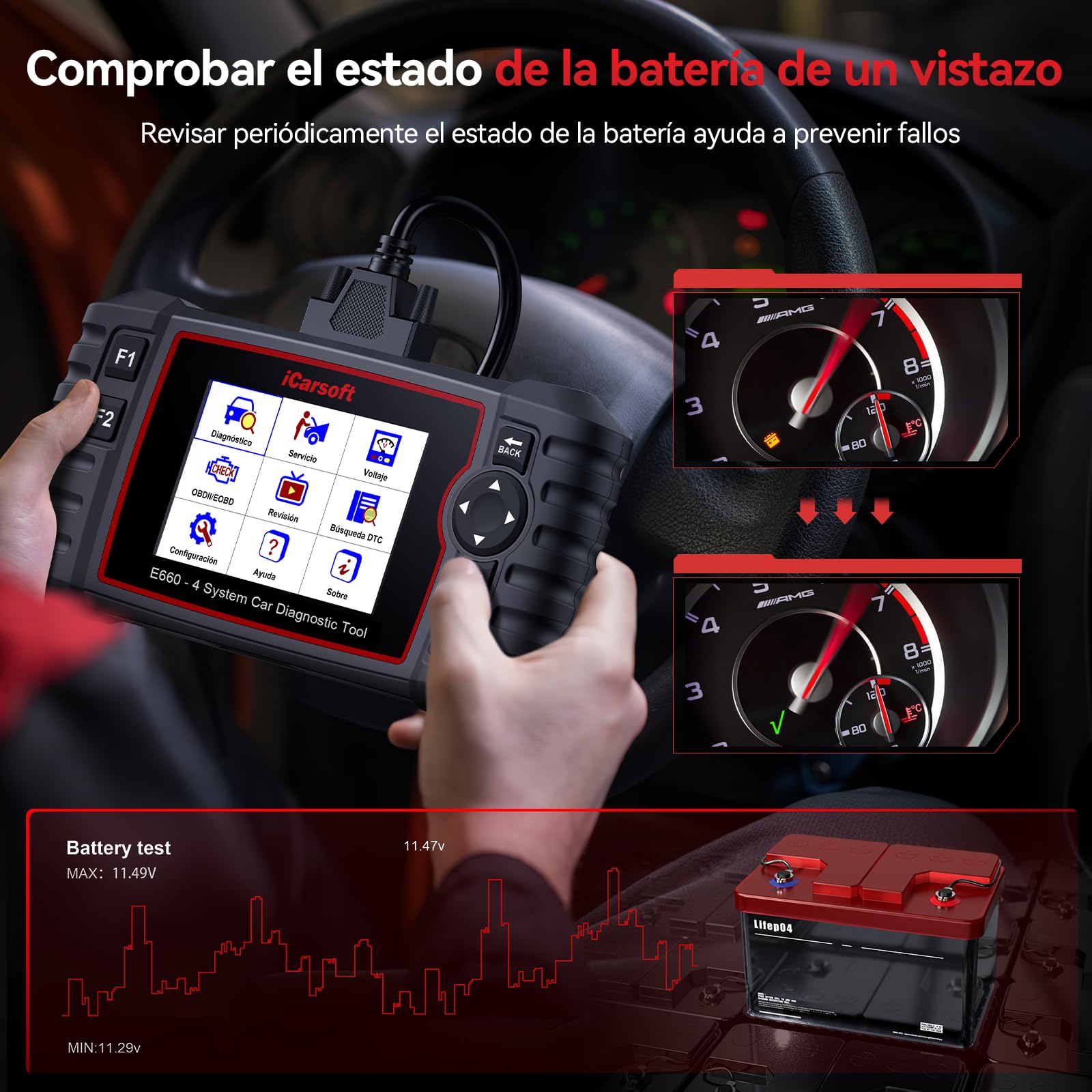 iCarsoft E660 OBD2 Máquina Diagnosis Coche Multimarca, Escáner de Coche para Motor, ABS, SRS y Transmisión, Detector Fallos Coche con 6 Funciones Reinicio, Prueba de Batería