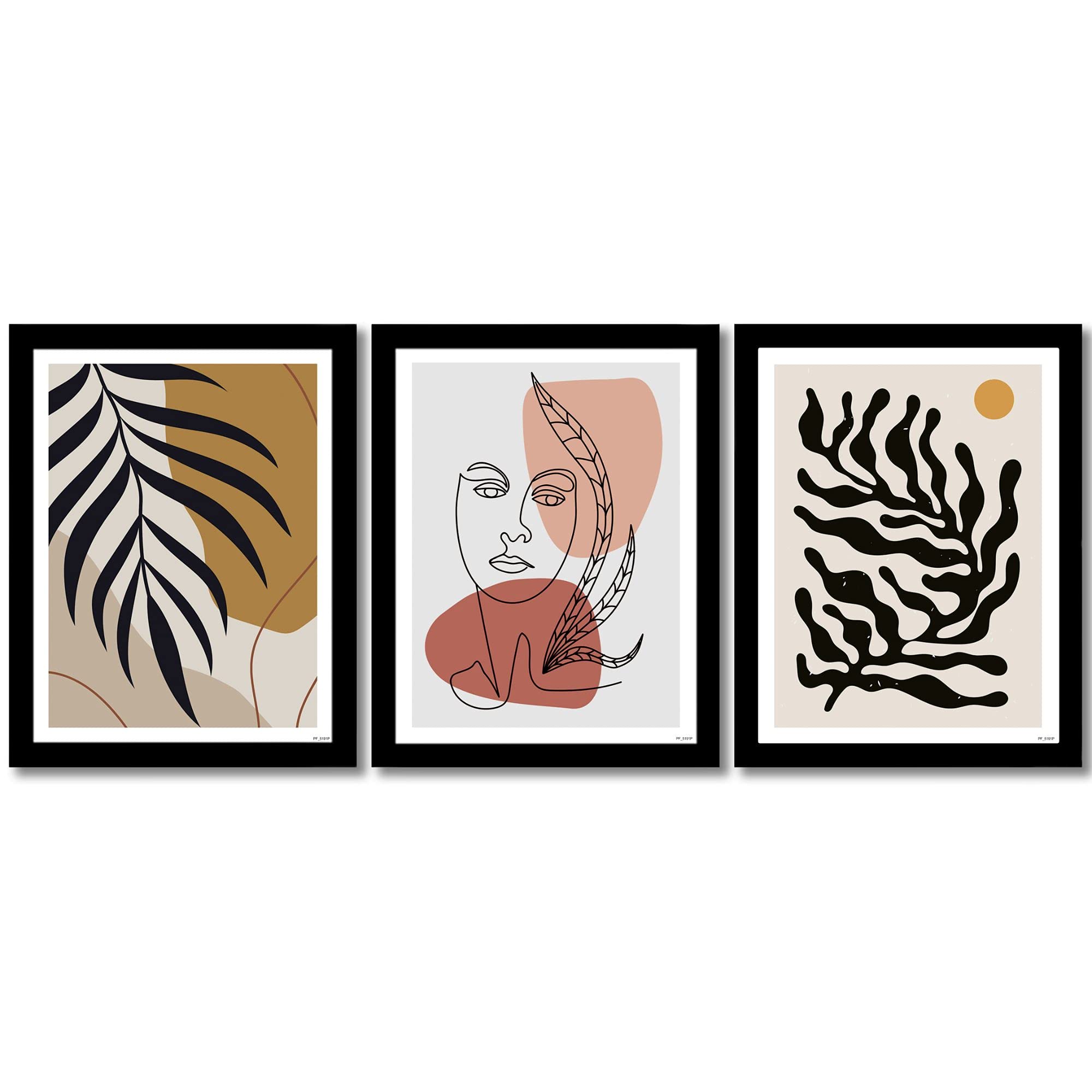 ARTVIBES Modern Leaf Face, Line Art Painting, Digital Reprint Posters with Synthetic Wooden Frame Home, Office Decorative Item PF_5191N (11 inch x 14 inch, Set of 3)
