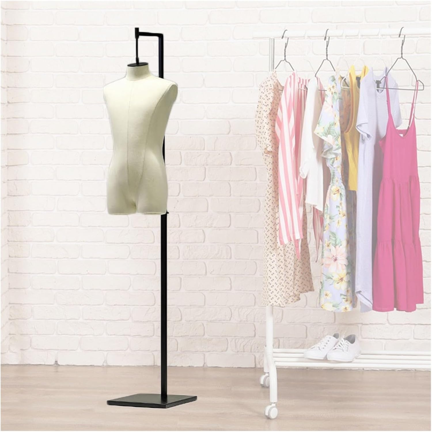 Female Dress Form Mannequin Torso - Adjustable 47.2”-71.3” Height, White Linen Display for Sewing & Clothing, Elegant Black Metal Stand - Ideal for Women's Fashion Disp