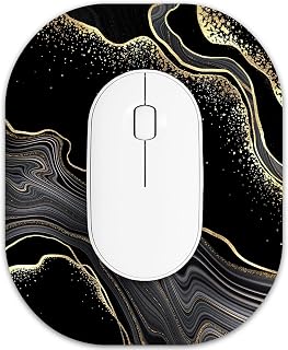 Atufsuat Small Mouse Pad 6x7 Inch, Oval Mini with Non-Slip Rubber Base, Waterproof Compact Mat for Laptop Computer Wireless Keyboard Tray Home Office Travel, Black Marble, Gold Marble