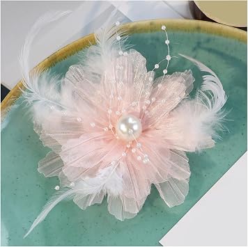 Huralona 3pcs Organza Feather Flower Pearl Artifical Flower for Craft DIY