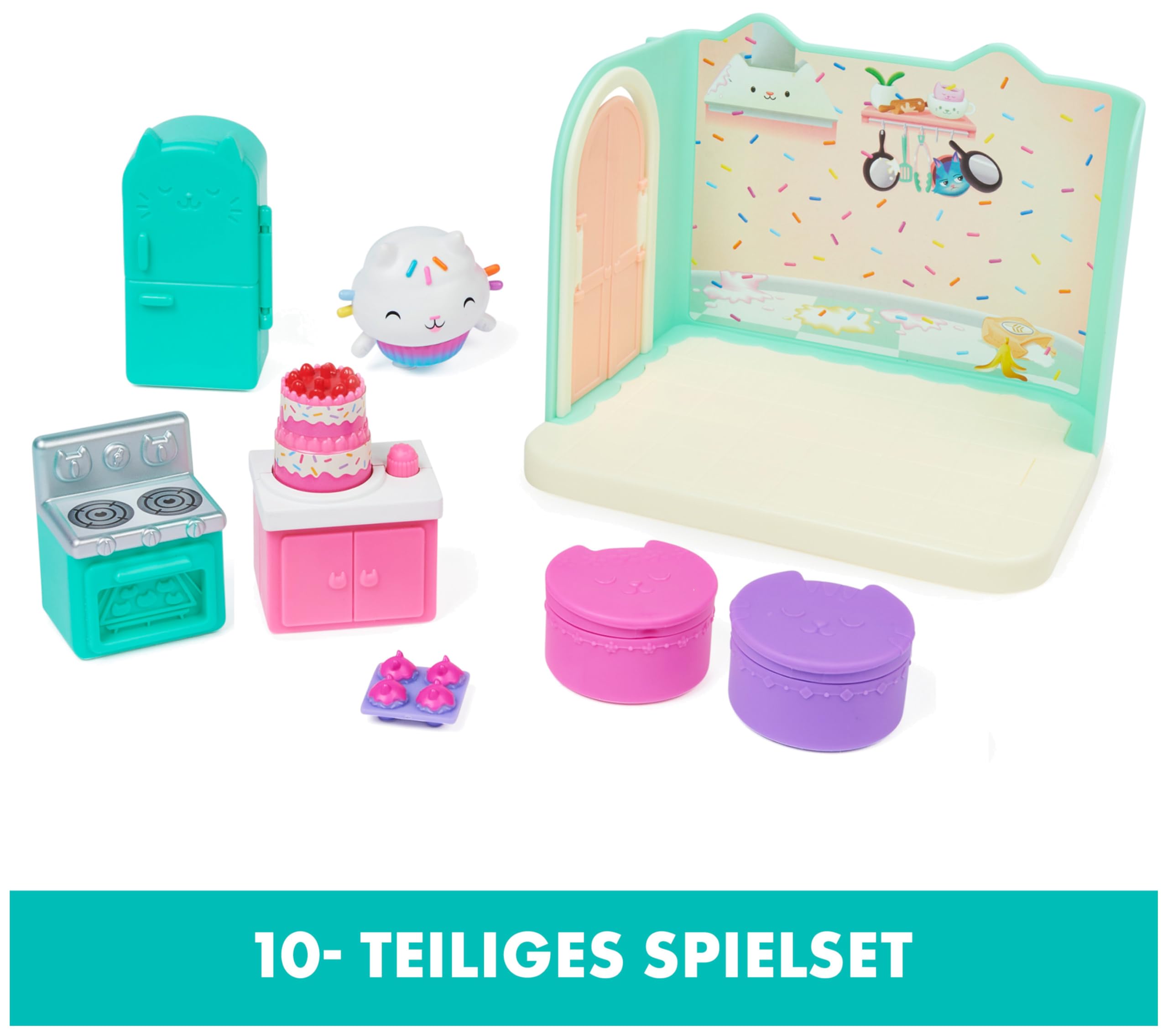 DREAMWORKS GABBY'S DOLLHOUSE - Deluxe Raum, Bakey with Cakey, Küche mit Kuchi (engl. Cakey), 3 Möbelstücken und 2 Überraschungsboxen mit Zubehörteilen, geeignet für Kinder ab 3 Jahren