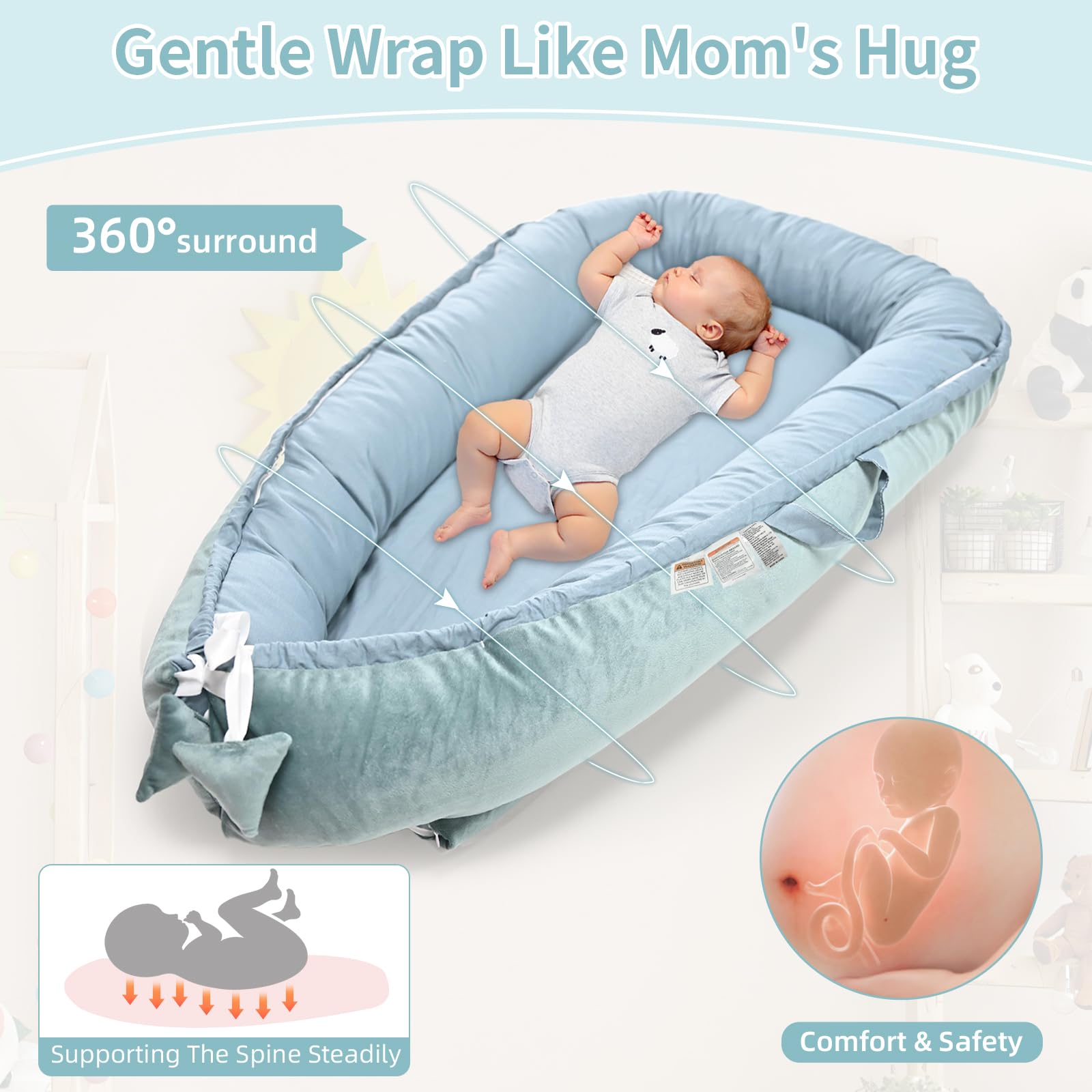 Baby Lounger Softbless for Newborn, 100% Cotton Infant Lounger, Portable Baby Nest Lounger Girl Boy 0-24 Months, Co Sleeper for Baby in Travel Bed(Green)