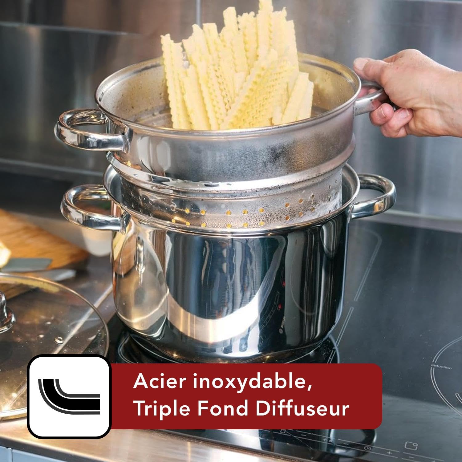BAUMALU - Cuiseur à Pâtes - Acier Inoxydable - Tous Feux dont Induction - Triple Fond Diffuseur, Répartition Homogène de la Chaleur - Couvercle en Verre avec Bords Inox et Trou Vapeur - Ø24cm