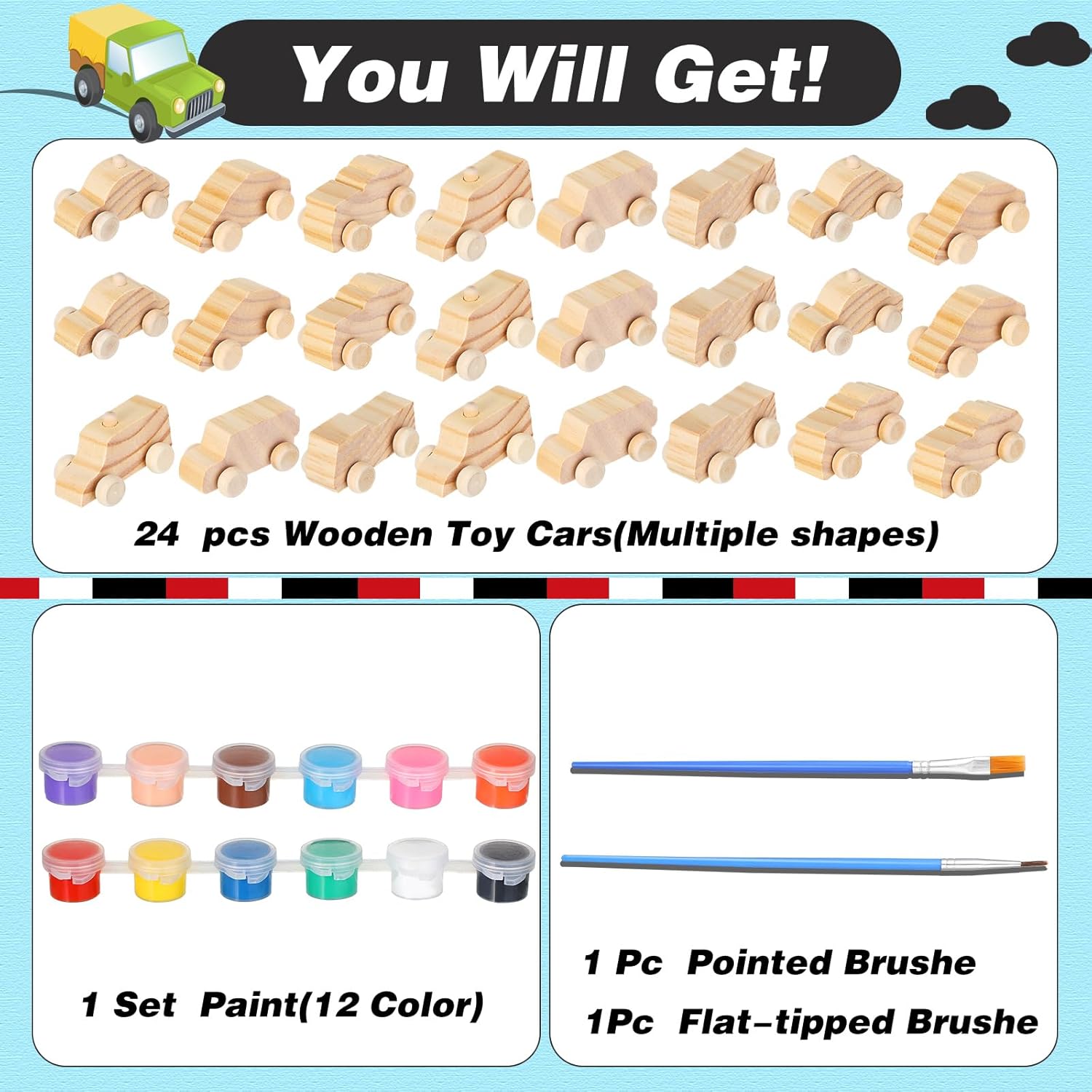 Lenwen 24 Pcs DIY Wooden Race Cars, Unfinished Wooden Car Race Cars Toy with 12 Color Acrylic Paint Easy Woodworking Set, Arts and Crafts Kit Birthday Party Presents for Boys and Girls(Cute) - Image 4