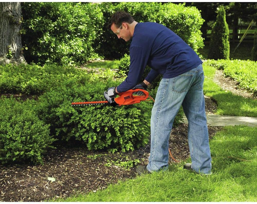 Close-up of the Black & Decker TR116 hedge trimmer showing its orange body and black handles