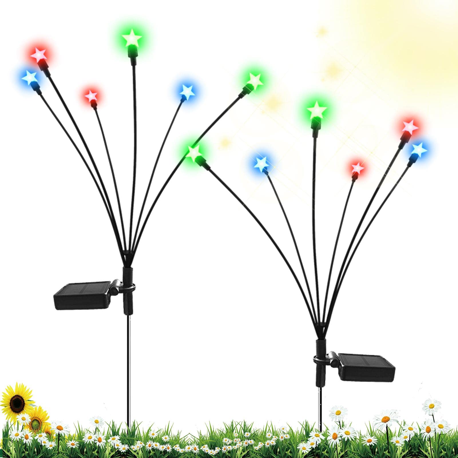 2個 ソーラーホタルライト ソーラーパワードサイドウォークライト ホタルライト 装飾ホタルランドスケープライト 屋外ガーデン用装飾ソーラーステークライト ソーラーガーデンライト 屋外ソーラーライト パスヤードパティオ通路装飾用防水フェアリーガーデンアート照明、6 LEDs パティオ ホタル ライト 屋外の防水スター パス ライト通路経路裏庭クリスマス パーティーの装飾