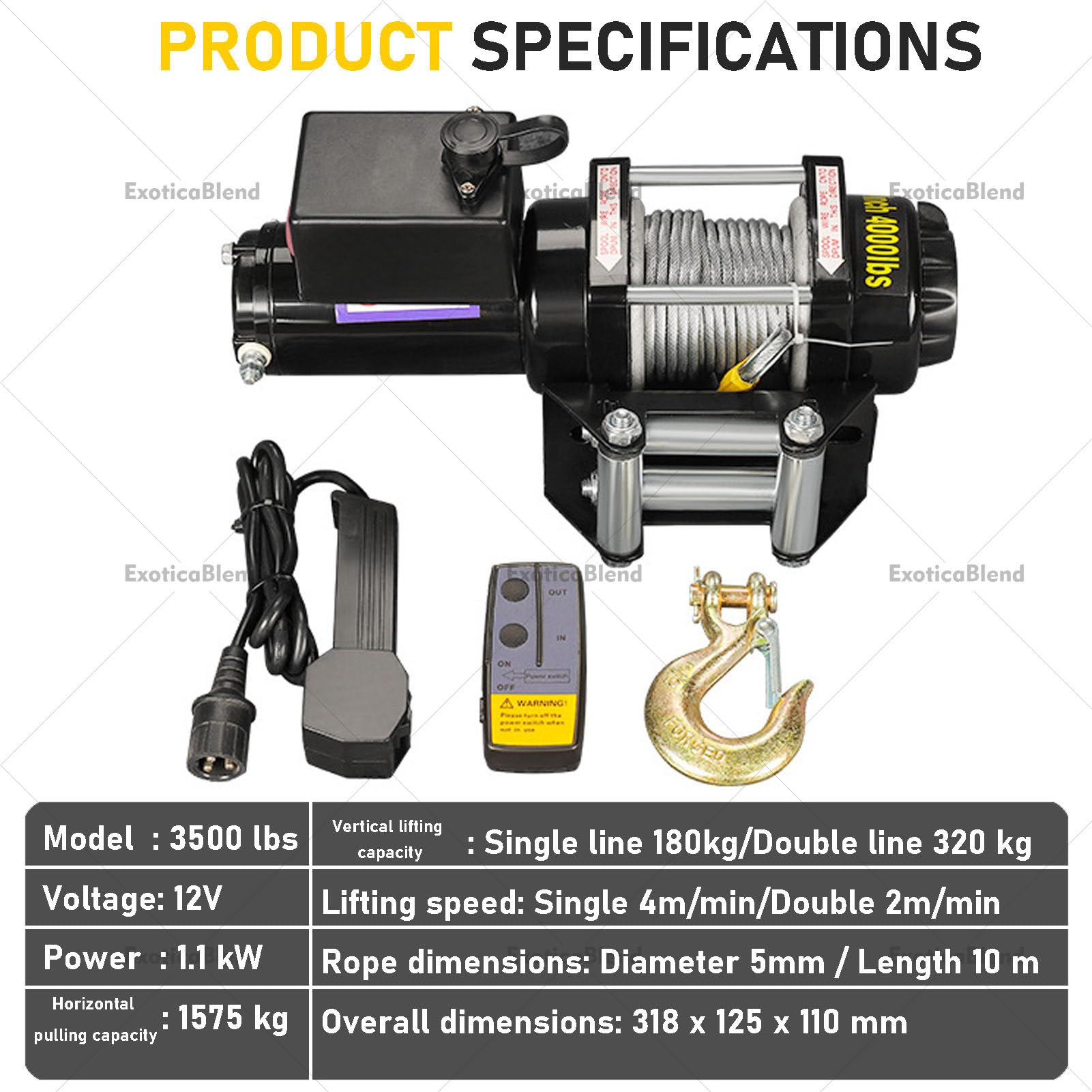 Wciągarka elektryczna 3000–6000 lbs (12 V / 24 V) do ATV, UTV i pojazdów ciężarowych – model z liną stalową, pilotem bezprzewodowym/przewodowym 12V-3500LBS