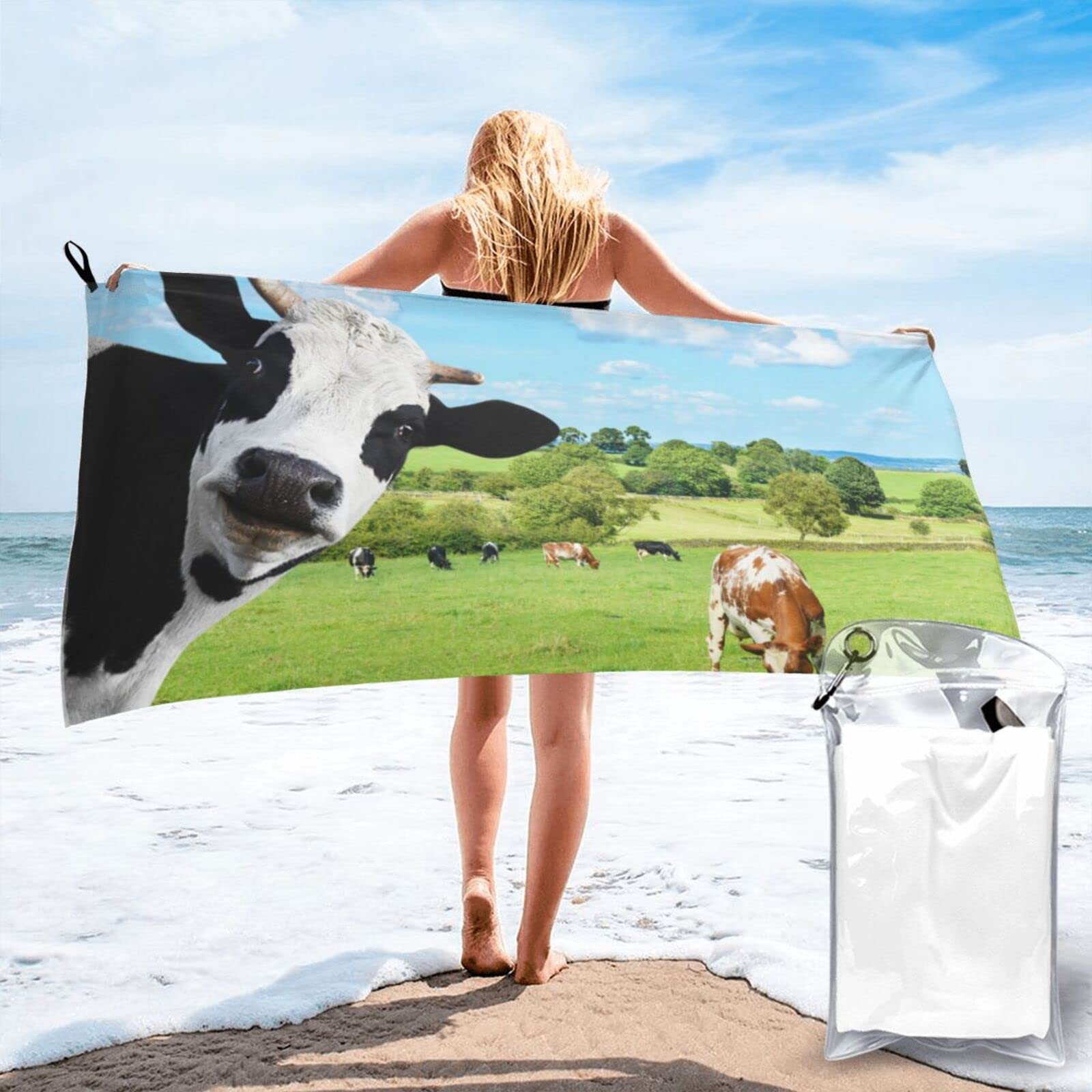 Lawenp Farm Cows Microfiber Beach Towel Adults Large Quick Drying Bath Towel Travel Towels with Pouch 27.5"x55"