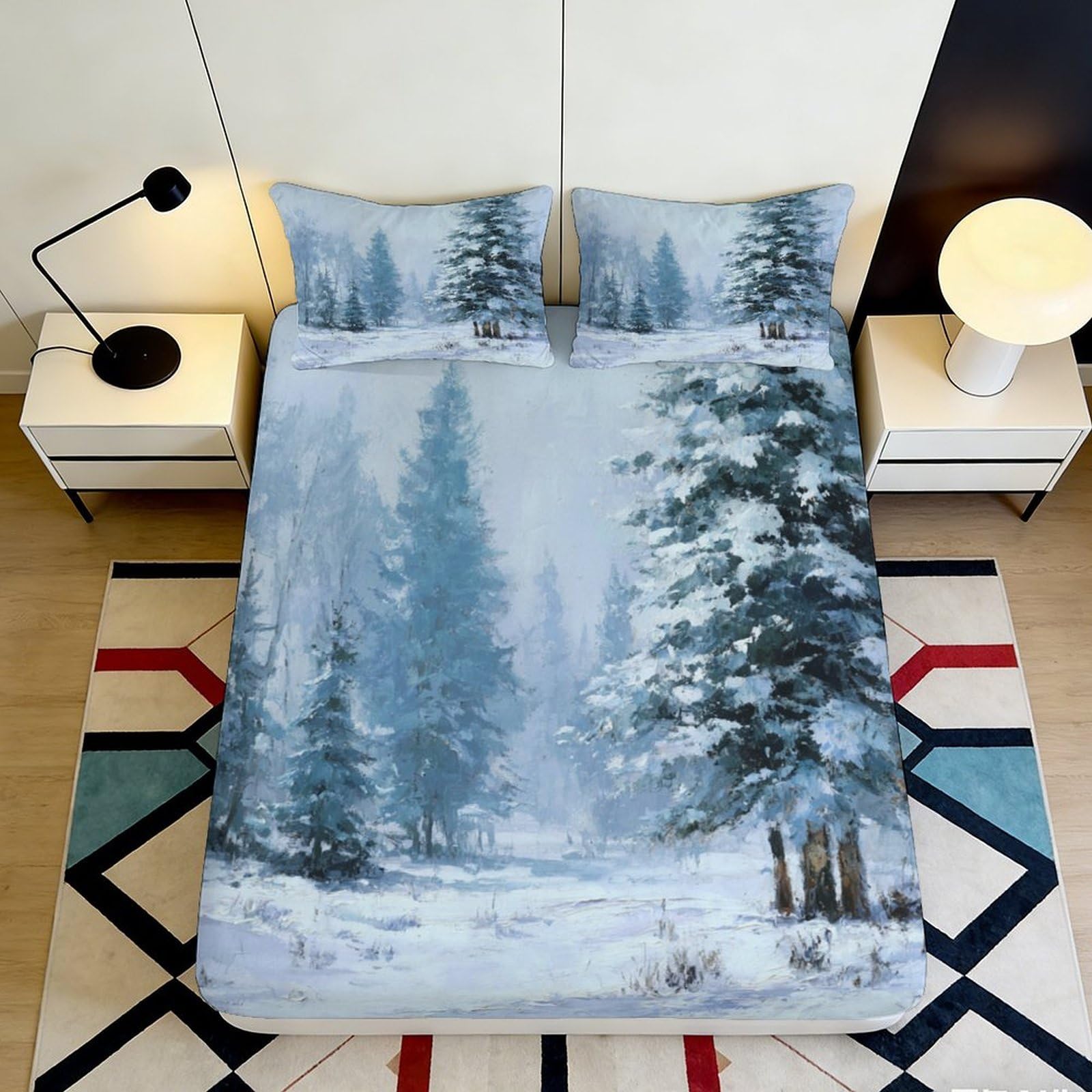 3D Printed Winter Forest Fitted Sheet Microfiber Soft Breathable Snowy Pine Mattress Cover for Bedroom Dormitory Guest Room Decor Mattress Protection 90x200x25cm